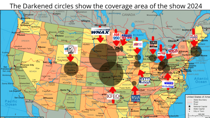 The Darkened circles shows the coverage area of the show
